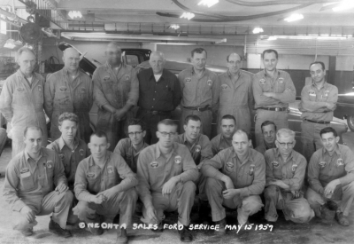 Service Department. (c.1957) Front row, from left: Roy Moorby, Arley McMullen, Dick Vroman, Harold Duele, Ernie Gage, William Reilly. Second row, from left: Arnie Larson, Stan Nelson, Ken Leslie, Claude Joslyn, Red Courtney. Back row, from left: Joe Nutter, Don Lingner, Dick Bennett, Pete Reede, Alex Szczepkowski, Leo Nutter, Rudy Kreck, Sam Amitrano. Service Department. (c.1957) Front row, from left: Roy Moorby, Arley McMullen, Dick Vroman, Harold Duele, Ernie Gage, William Reilly. Second row, from left: Arnie Larson, Stan Nelson, Ken Leslie, Claude Joslyn, Red Courtney. Back row, from left: Joe Nutter, Don Lingner, Dick Bennett, Pete Reede, Alex Szczepkowski, Leo Nutter, Rudy Kreck, Sam Amitrano.